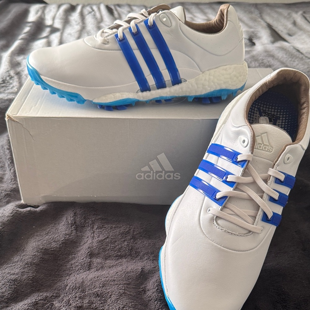 adidas Men's White and Blue Tour360 22 golf Shoes